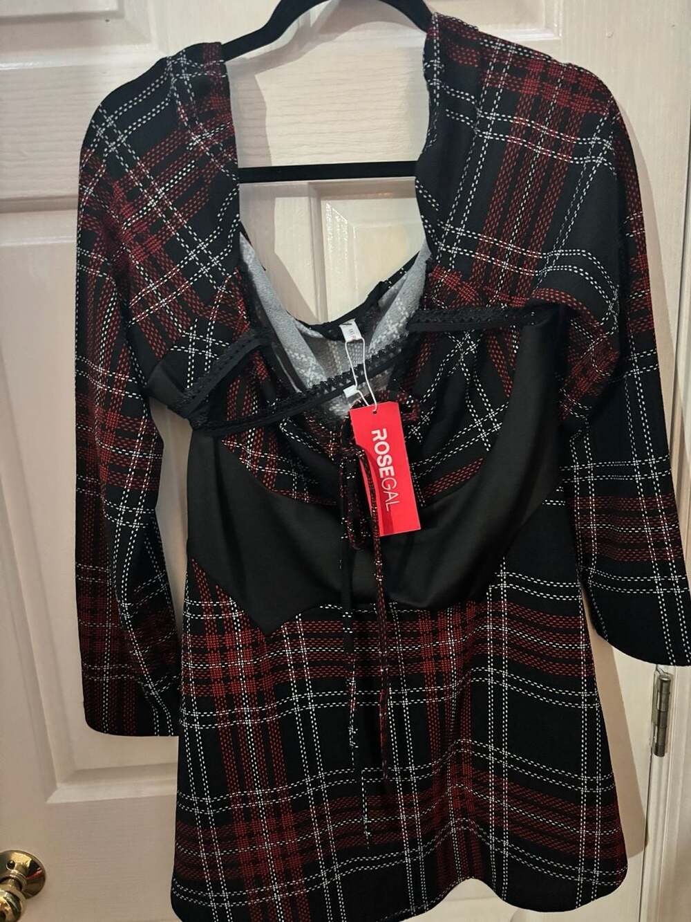 Rosegal Red and Black Plaid Long Sleeve Off-Shoulder Corset Dress 1X